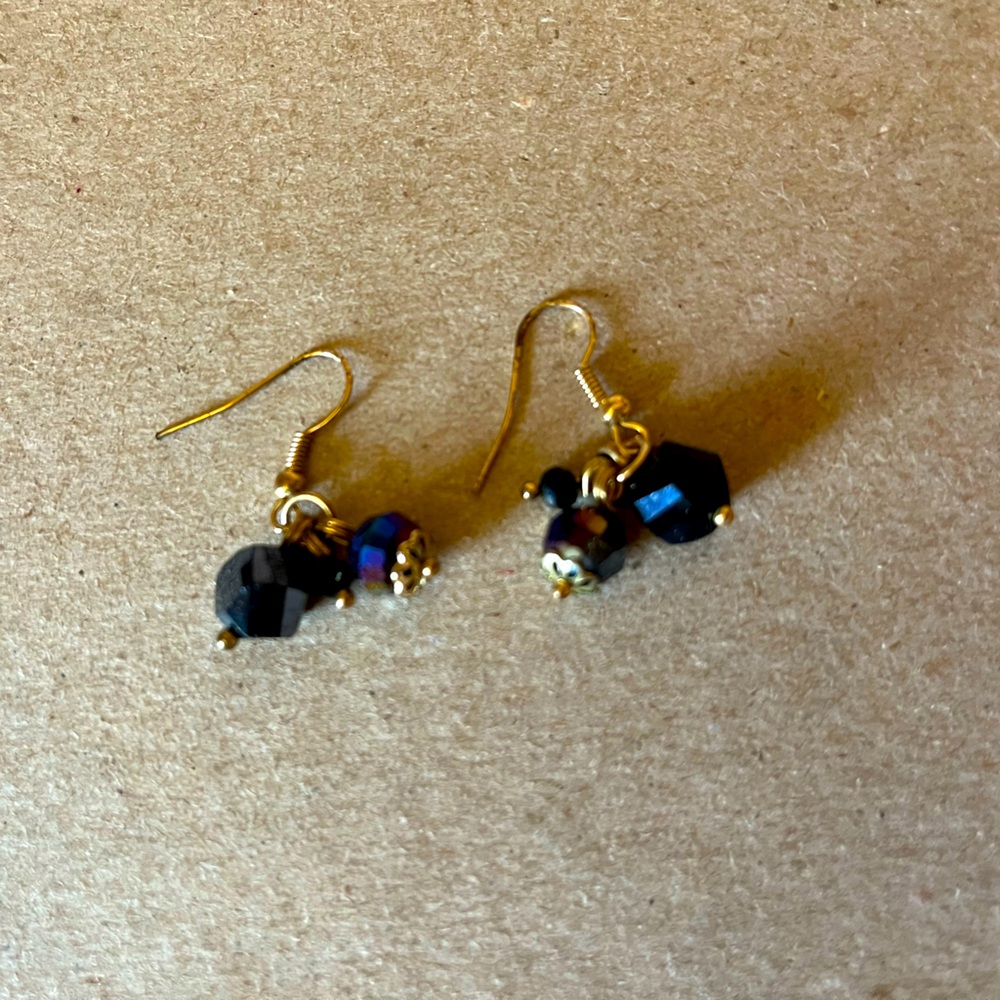 Handmade dangling jewel earrings dark gray and blue tones